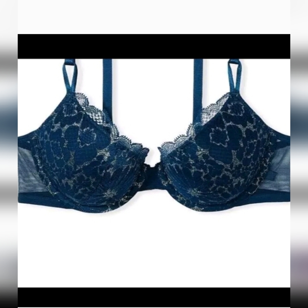 Victoria's Secret Sexy Blue Sparkly Gold Floral Lace Bra New Without Tag
